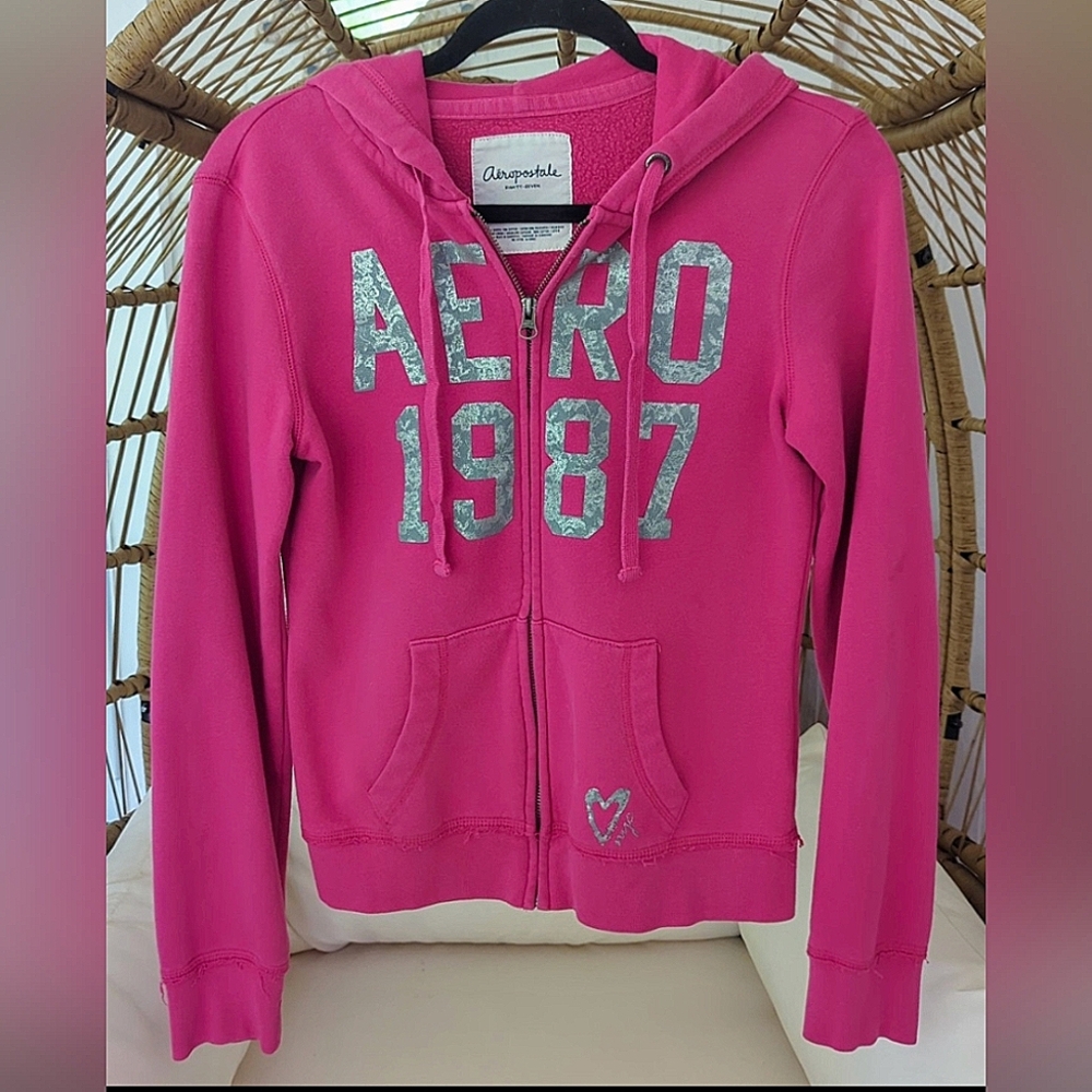 Y2K Aeropostale Pink Silver Glitter Graphic Distressed Full Zip Hoodie